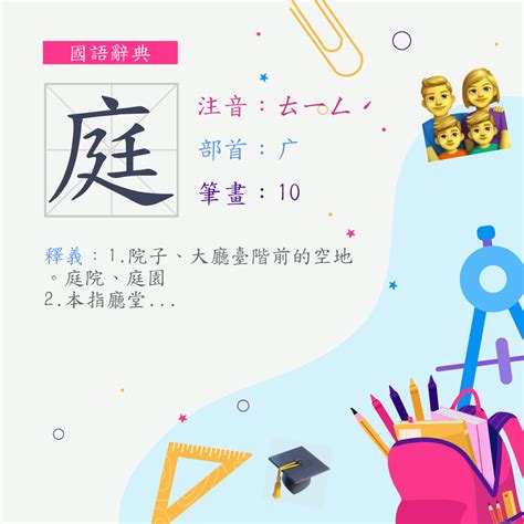 庭幾畫|字:庭 (注音:ㄊㄧㄥˊ,部首:广) 